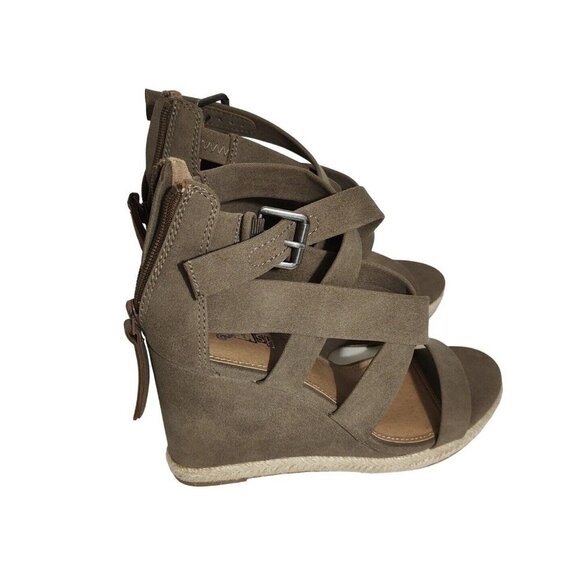 Brash Brown Wedge Heels Sandals Women Size 8.5 Strappy Open Toe Buckle Zippered - Picture 3 of 9